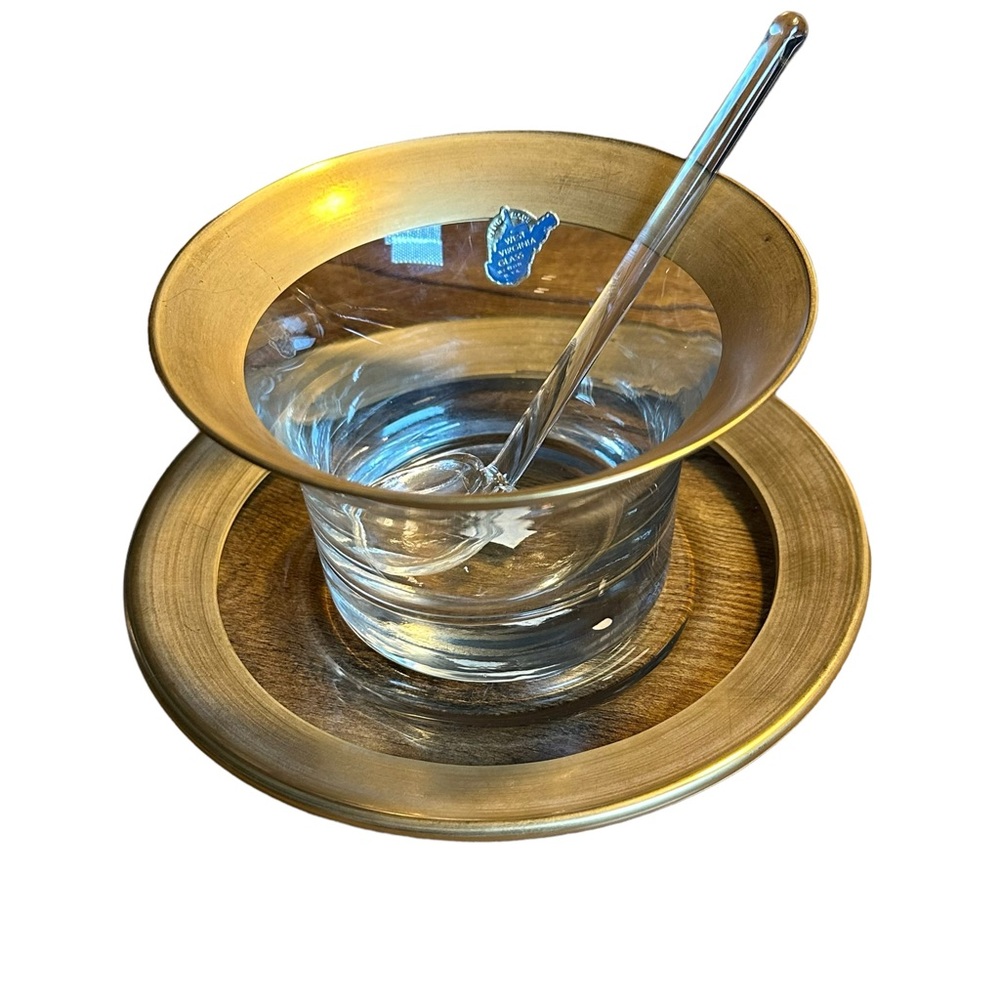 1960’s Mid Century Modern Gold Band Dip Bowl & Saucer With Glass Spoon